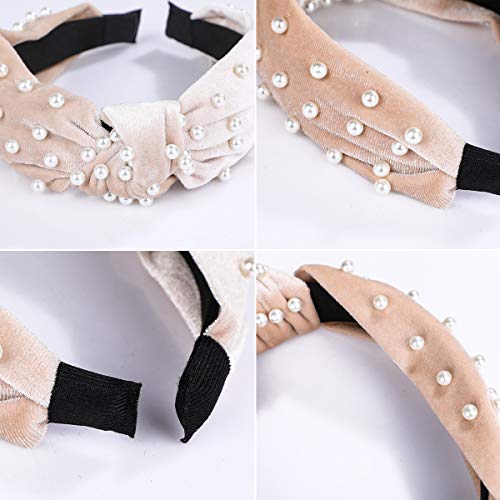 Diademas de Perlas de Terciopelo Diademas de Pelo Anchas Diademas Nudo Vintage Diadema Para Mujer Chica y Niña Moda Accesorios (2Pcs Beige + Negro)