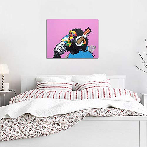 Dibujado a Mano Pintura al óleo Arte sobre Lienzo Gorila Escuchando Música Banksy Animales Creativo Resumen Pintura Pared Decor,WithFrame,40x60cm