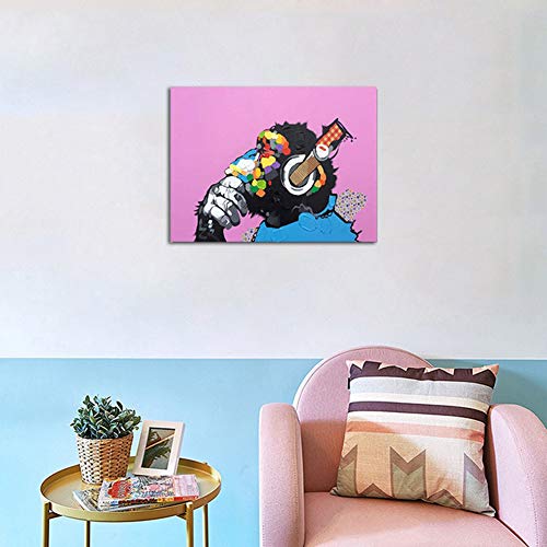 Dibujado a Mano Pintura al óleo Arte sobre Lienzo Gorila Escuchando Música Banksy Animales Creativo Resumen Pintura Pared Decor,WithFrame,40x60cm