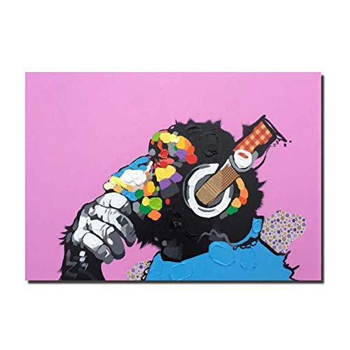Dibujado a Mano Pintura al óleo Arte sobre Lienzo Gorila Escuchando Música Banksy Animales Creativo Resumen Pintura Pared Decor,WithFrame,40x60cm