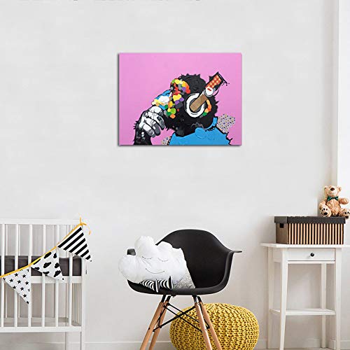 Dibujado a Mano Pintura al óleo Arte sobre Lienzo Gorila Escuchando Música Banksy Animales Creativo Resumen Pintura Pared Decor,WithFrame,40x60cm