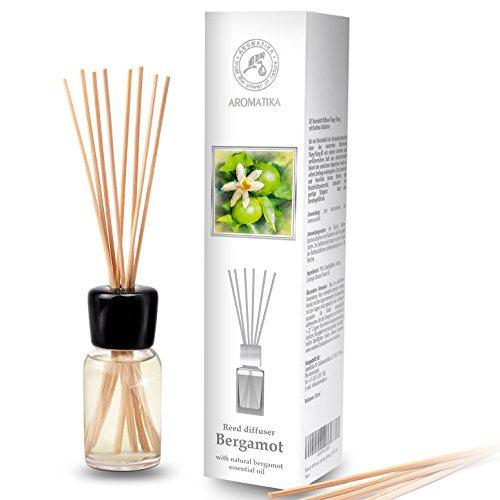 Difusor de Bergamota 100ml - con 8 palitos de bambú - Aceite Esencial Puro Natural - Fragancias de Ambiente Intensas y Duraderas - 0% Alcohol - Set de Fragancia para Aromatizar el Aire para Cuartos