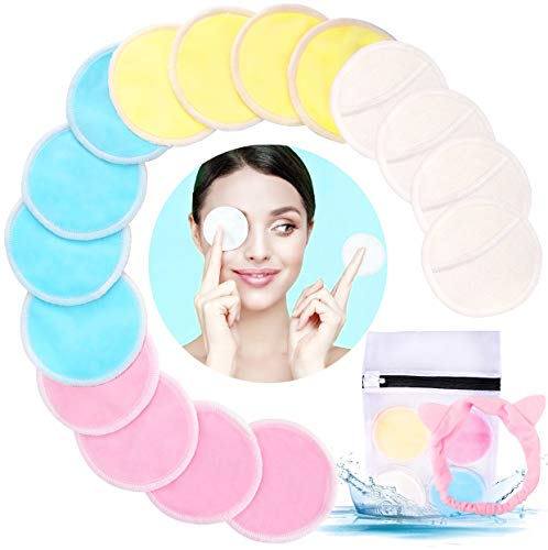 Discos Desmaquillantes Reutilizables, Aiemok 16 Discos Orgánico Almohadillas Desmaquillantes Ecológicas Con Bolsa de Lavado y Diadema, Hechos en Fibra de Bambú, Aptos Para Todo Tipo de Pieles y Bebés