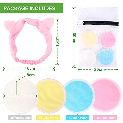 Discos Desmaquillantes Reutilizables, Aiemok 16 Discos Orgánico Almohadillas Desmaquillantes Ecológicas Con Bolsa de Lavado y Diadema, Hechos en Fibra de Bambú, Aptos Para Todo Tipo de Pieles y Bebés