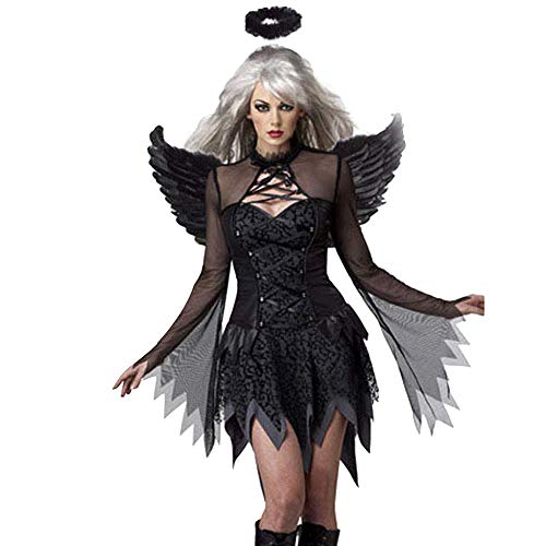 Disfraz de ángel caído negro – Ropa de Halloween para mujer Sexy Wing Festival Cosplay Ropa Dark Angel Corsé Vestidos Disfraces (negro S-3XL)