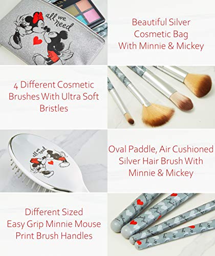 Disney Set con Brochas de Maquillaje y Cepillo Pelo, Neceser Maquillaje Con Personajes Minnie y Mickey, Neceser de Viaje con Pinceles Maquillaje, Regalos Para Mujeres Niñas y Adolescentes