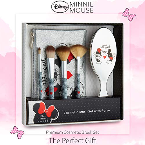 Disney Set con Brochas de Maquillaje y Cepillo Pelo, Neceser Maquillaje Con Personajes Minnie y Mickey, Neceser de Viaje con Pinceles Maquillaje, Regalos Para Mujeres Niñas y Adolescentes
