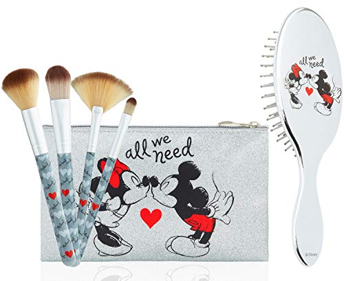 Disney Set con Brochas de Maquillaje y Cepillo Pelo, Neceser Maquillaje Con Personajes Minnie y Mickey, Neceser de Viaje con Pinceles Maquillaje, Regalos Para Mujeres Niñas y Adolescentes
