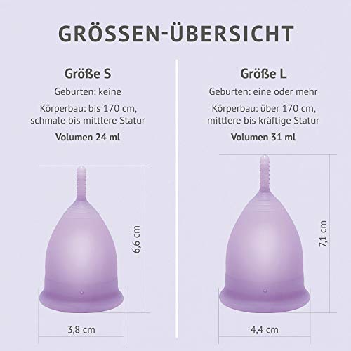 DIVINE CUP copa menstrual tamaño S, pequeña - Clínicamente probada, nota MUY BIEN - 100% Made in Germany - Lila, disponible en cuatro colores - Silicona médica suave y reutilizable
