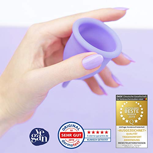 DIVINE CUP copa menstrual tamaño S, pequeña - Clínicamente probada, nota MUY BIEN - 100% Made in Germany - Lila, disponible en cuatro colores - Silicona médica suave y reutilizable