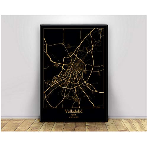 DOAQTE Valladolid España Mapas de la Ciudad en Negro y Dorado Mapa de la Ciudad del Mundo Carteles Impresiones en Lienzo Estilo nórdico Arte de la Pared Decoración del hogar-50X70 cm Sin Marco