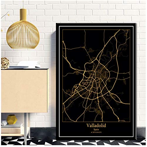 DOAQTE Valladolid España Mapas de la Ciudad en Negro y Dorado Mapa de la Ciudad del Mundo Carteles Impresiones en Lienzo Estilo nórdico Arte de la Pared Decoración del hogar-50X70 cm Sin Marco