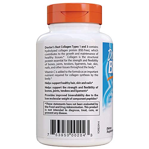 Doctor's Best Collagen Types 1 & 3 With Peptan, 1000Mg - 180 Tabs 180 Unidades 245 g