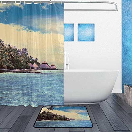 Donola Private Resort - Juego de Cortina de Ducha con Alfombrillas de baño, Alfombra de baño, tapete para decoración de baño – 60 x 72 Pulgadas, 23.6 x 15.7 Pulgadas
