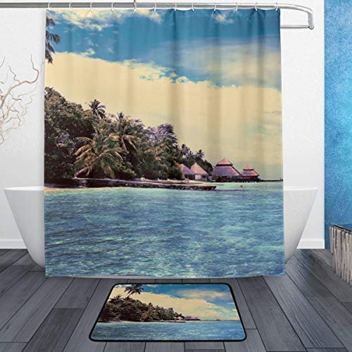 Donola Private Resort - Juego de Cortina de Ducha con Alfombrillas de baño, Alfombra de baño, tapete para decoración de baño – 60 x 72 Pulgadas, 23.6 x 15.7 Pulgadas