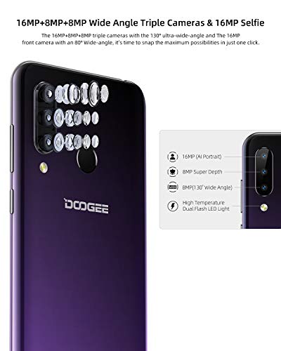 DOOGEE N20 Telefono Movil Libres 4G, Android 9.0 Smartphones Libres Dual Sim Octa Core 4GB RAM+64GB ROM, 6.3 Pulgadas FHD+，Cámara 16MP+8MP+8MP+16MP, 4350mAh Face ID+Huella Digital - Púrpura