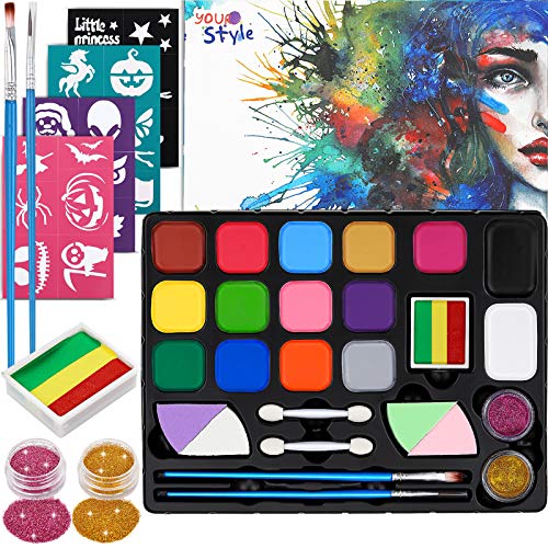 Dookey Pintura Facial, Maquillaje al Agua, Pinturas Cara para Fiestas/Cosplay/Halloween, con 17 Colores, 2 Purpurina, 24 Formas de Plantilla, ect...