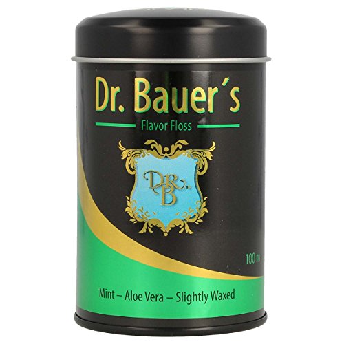Dr. Bauers prima Hilo Dental 100m en una elegante caja de metal negro con tapa, rellenable, con menta sabor - áloe vera - Ligeramente encerado