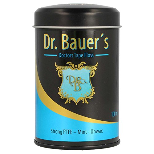 Dr. Bauers prima Hilo Dental 100m en una elegante caja de metal negro con tapa, rellenable, con menta sabor - Cinta dental plana de PTFE - sin cera
