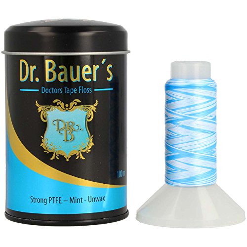 Dr. Bauers prima Hilo Dental 100m en una elegante caja de metal negro con tapa, rellenable, con menta sabor - Cinta dental plana de PTFE - sin cera