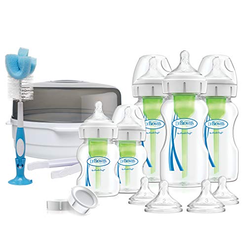 Dr. Brown's OPTIONS PLUS 2019! - Set de Regalo para Bebés. Esterilizador de Microondas + Kit de Biberones Anticólicos de Boca Ancha, sin BPA (Color: Neutro)