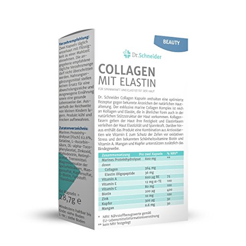 Dr. Schneider collages con elastina para resistencia y piel firme - 60 cápsulas de dosis altas - colágeno marino de muy alta calidad - hecho en Alemania