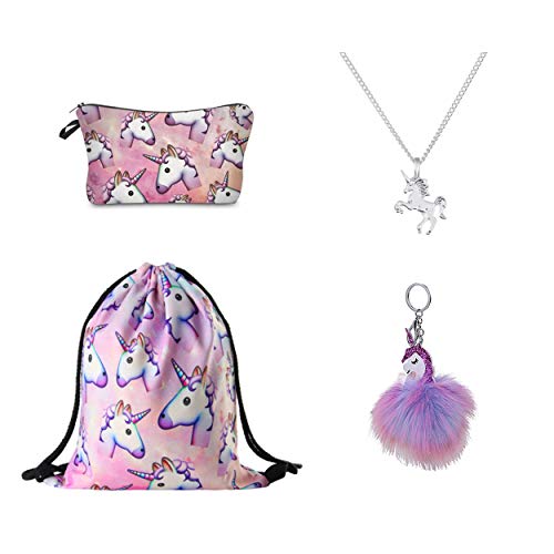 DRESHOW 4 Paquete Unicornios Mochila con Cordón/Maquillaje Bolsa/Collar de Cadena de Aleación/Fluffy Llavero Colgante Llavero para Niñas