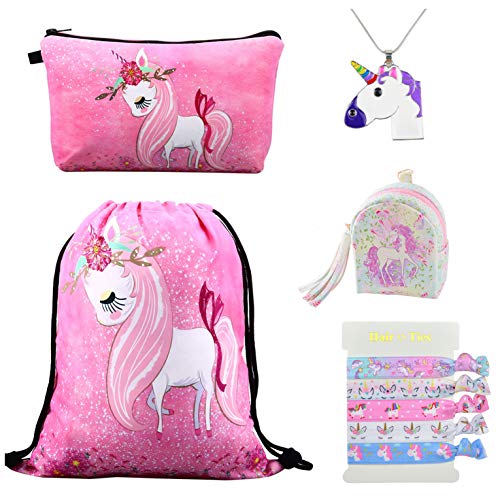 DRESHOW 5 Paquete Lindo Unicornio Mochila con cordón/Maquillaje/PU Monedero Bolsos de embrague/Collar de cadena de aleación/Unicornios para el cabello para niñas