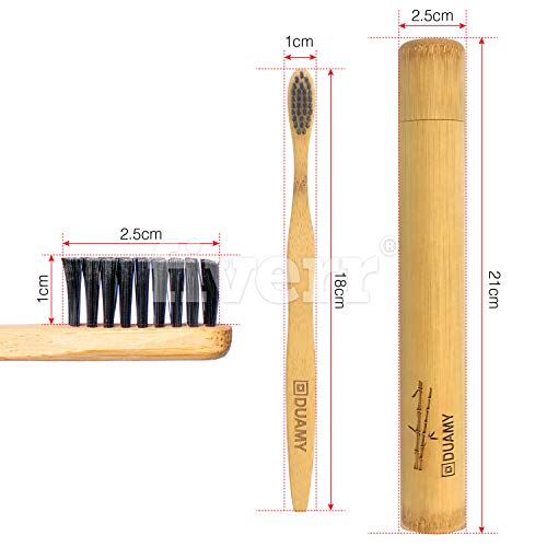 DUAMY Cepillos de Dientes de Bambú, Ecológicos, 100% Orgánicos, Biodegradables, Naturales y Veganos. 4 Unidades con cerdas de carbón Naturales, Vegetales y Suaves + 1 x Estuche/Funda