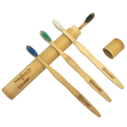 DUAMY Cepillos de Dientes de Bambú, Ecológicos, 100% Orgánicos, Biodegradables, Naturales y Veganos. 4 Unidades con cerdas de carbón Naturales, Vegetales y Suaves + 1 x Estuche/Funda