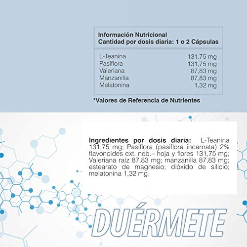 Duérmete | Melatonina Pura con L-Teanina, Valeriana, Pasiflora y Manzanilla | Elimina el Insomnio | Mejora la calidad del Sueño | Induce un Sueño Natural y Reparador | Efecto Rápido | 60 Cápsulas