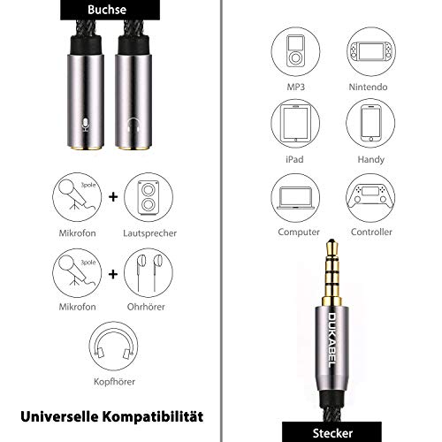 DuKabel Cable adaptador de audio en Y (conector CTIA de 3,5 mm a 2 conectores TRS hembra de 3,5 mm) para auriculares para juegos, Xbox One, PS4, teléfonos inteligentes y portátiles - Top Series 1,2 m