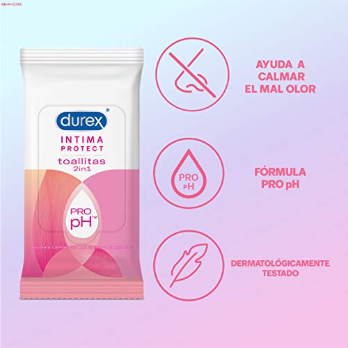 Durex Intima Protect Toallitas Íntimas 2In1, Fórmula Pro-Ph, Libre De Colorantes Artificiales - 20 toallitas