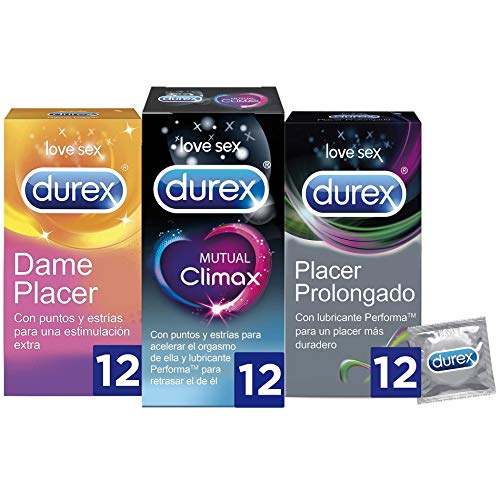 Durex Placer Prolongado 12 Condones + Dame Placer 12 Condones + Mutual Climax 12 Condones - Pack Durex 36 Condones