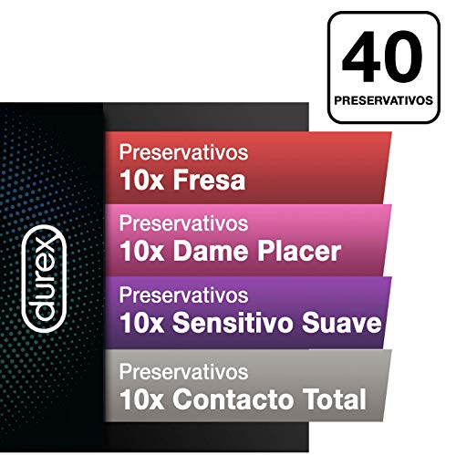 Durex Preservativos Fun Explosion Mixtos Sabor Fresa, Dame Placer, Sensitivo Suave y Contacto Total - 40 Condones
