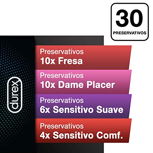 Durex - Preservativos Love Collection sabor fresa, dame placer, sensitivo suave y sensitivo comfort - 30 condones