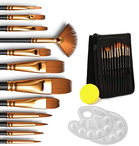 Dweyka Pinceles de Pintura Acrílica,12 Piezas Profesional Pincel de Artista,Esponjas y 2 Piezas Paleta para Acuarela,Acrílico,Gouache,Aceite,Pintura De La Cara