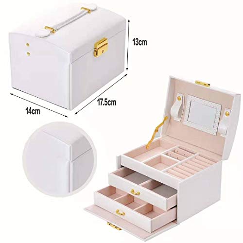 E-MANIS Caja Joyero Caja de Joyas,Estuche Rectangular para Guardar Joyas,Pendientes,Anillos y Collares,Espejo y Cajones,Tapa Elevable para Relojes (Blanco)