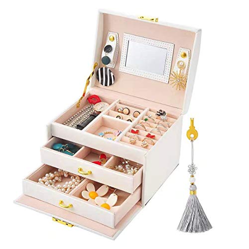 E-MANIS Caja Joyero Caja de Joyas,Estuche Rectangular para Guardar Joyas,Pendientes,Anillos y Collares,Espejo y Cajones,Tapa Elevable para Relojes (Blanco)