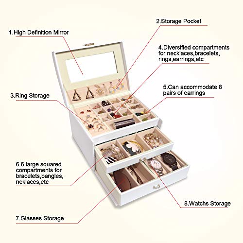 E-MANIS Caja Joyero para Mujer,Alta Capacidad Caja para Joyas con 3 Capas 2 Cajones Organizador Joyero con Cerradura y Espejo para Relojes,Pendientes,Gafas,Pulseras,Anillos,Regalo para Navidad,Bianco