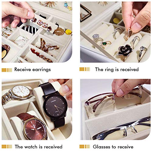 E-MANIS Caja Joyero para Mujer,Alta Capacidad Caja para Joyas con 3 Capas 2 Cajones Organizador Joyero con Cerradura y Espejo para Relojes,Pendientes,Gafas,Pulseras,Anillos,Regalo para Navidad,Bianco