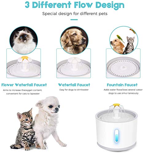 E-MANIS Fuente para Perros Gatos,2.4L Fuente de Agua Silenciosa para Mascotas con La luz del LED,Flor Portátil Estilo Bebedero Mascotas para Perros y Pequeños Animales,1pcs Palo de Gato emplumado