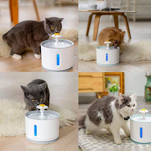 E-MANIS Fuente para Perros Gatos,2.4L Fuente de Agua Silenciosa para Mascotas con La luz del LED,Flor Portátil Estilo Bebedero Mascotas para Perros y Pequeños Animales,1pcs Palo de Gato emplumado