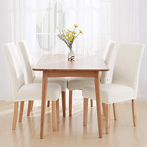 E-MANIS Fundas para Sillas de Comedor 4 Piezas, Sillas Asiento Elasticas Cubresillas Lavable Extraíble Muy fácil de Limpiar Duradera, Boda Moderna, Hotel, Decor Restaurante - Blanco