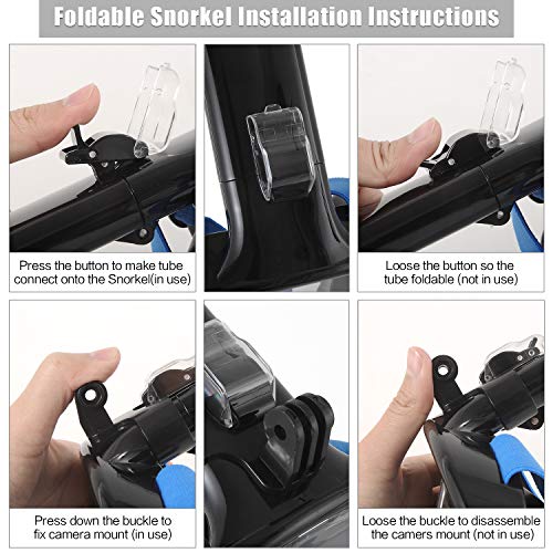 E-MANIS Máscara de Buceo Doble Antivaho 180 ° Vista Panorámico Cara Completa Respirar Gafas Snorkel Anti-Fugas Plegable con Cámara Acuatica Deportiva la Soporte, para Adultos y Niños L/XL - Negro Azul