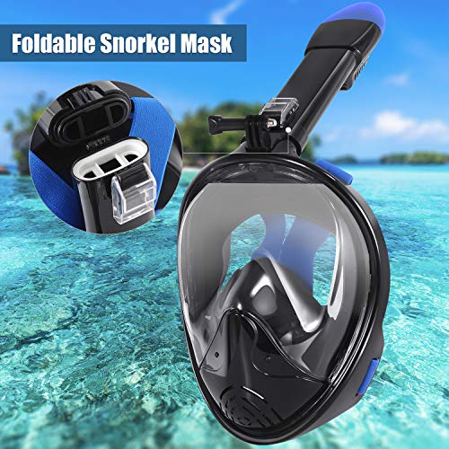 E-MANIS Máscara de Buceo Doble Antivaho 180 ° Vista Panorámico Cara Completa Respirar Gafas Snorkel Anti-Fugas Plegable con Cámara Acuatica Deportiva la Soporte, para Adultos y Niños L/XL - Negro Azul