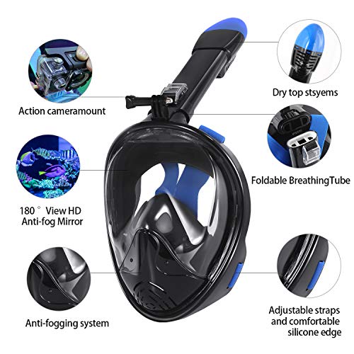 E-MANIS Máscara de Buceo Doble Antivaho 180 ° Vista Panorámico Cara Completa Respirar Gafas Snorkel Anti-Fugas Plegable con Cámara Acuatica Deportiva la Soporte, para Adultos y Niños L/XL - Negro Azul