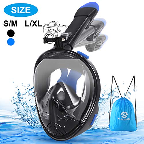 E-MANIS Máscara de Buceo Doble Antivaho 180 ° Vista Panorámico Cara Completa Respirar Gafas Snorkel Anti-Fugas Plegable con Cámara Acuatica Deportiva la Soporte, para Adultos y Niños L/XL - Negro Azul