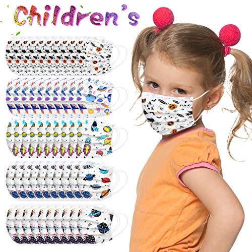 Earleye0 50 Piezas Niños Protección Desechable para Impresión linda 3 Capas Transpirables con Elástico para Los Oídos （Mezcla de colores）