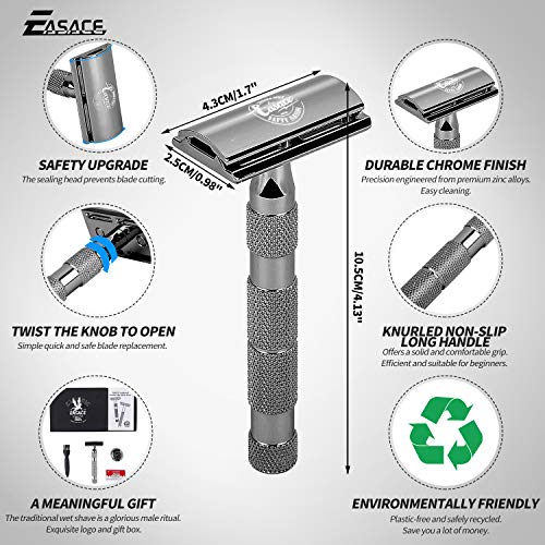 EASACE Cuchilla de Doble Filo Kit de Maquinilla de Afeitar para Hombres Mujeres Afeitado Húmedo+1 Soporte+1 Cepillo de Limpieza+10 Cuchillas de Doble Filo de Acero Inoxidable (Negro)